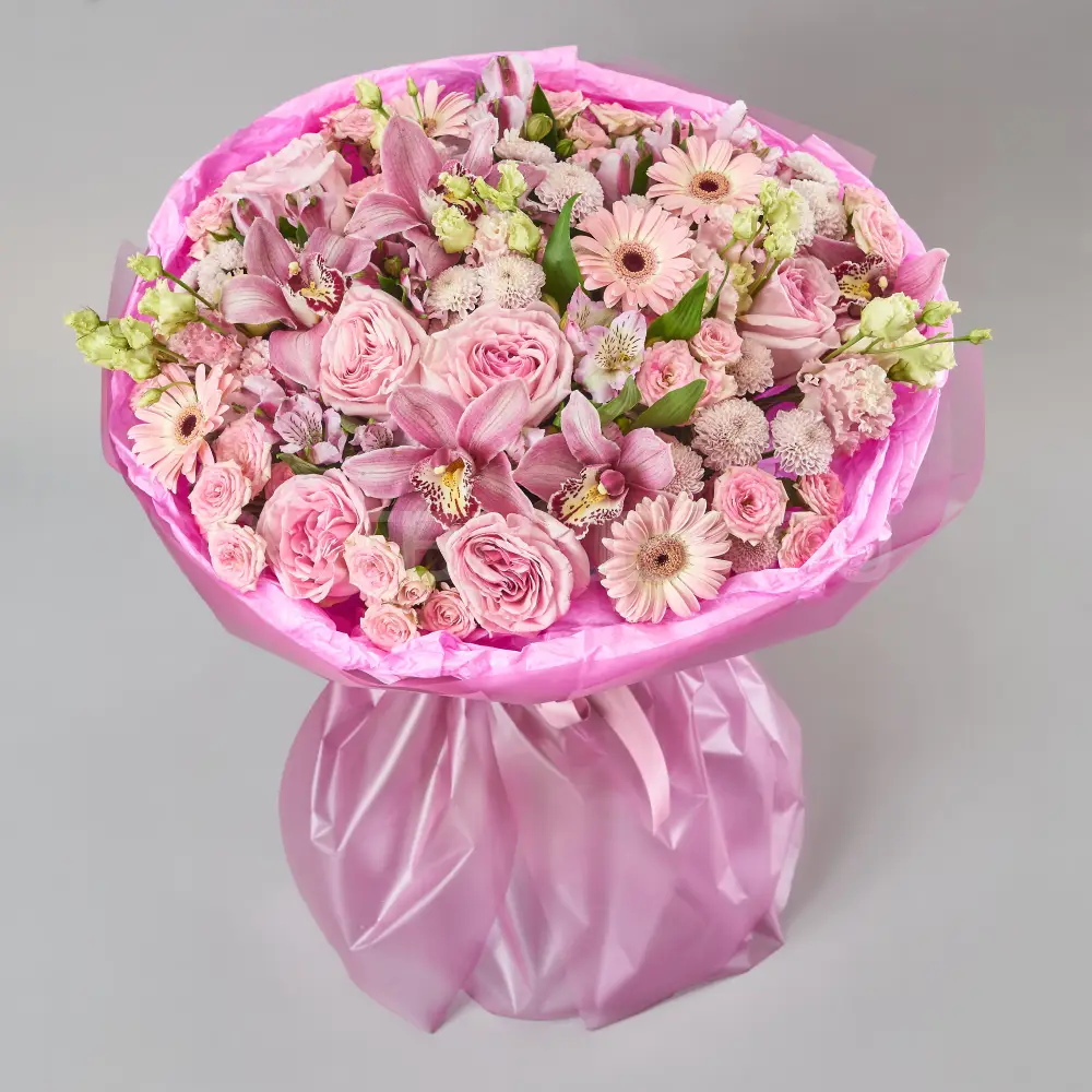 219752 Букет из орхидей, роз, гербер и эустомы